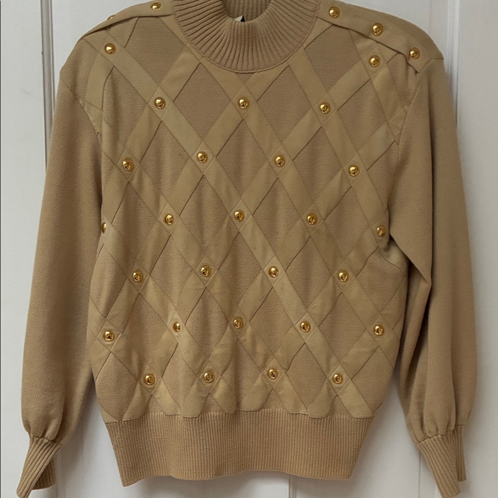 St John Gold Button and suede Tan Sweater